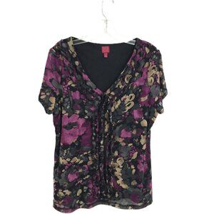 Ruffled Floral Blouse V-Neck Stretchy Top Black Purple Sz L, 212 Collection
